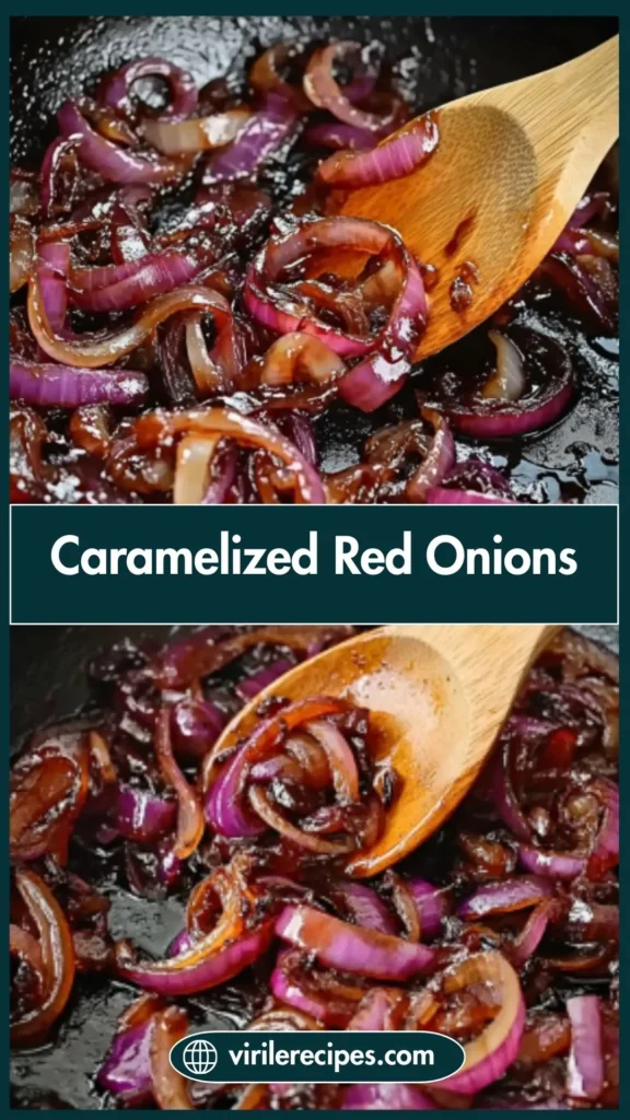 Close-up of Carmelized Red Onion slices glistening in a skillet, cooked until soft and golden with balsamic glaze.