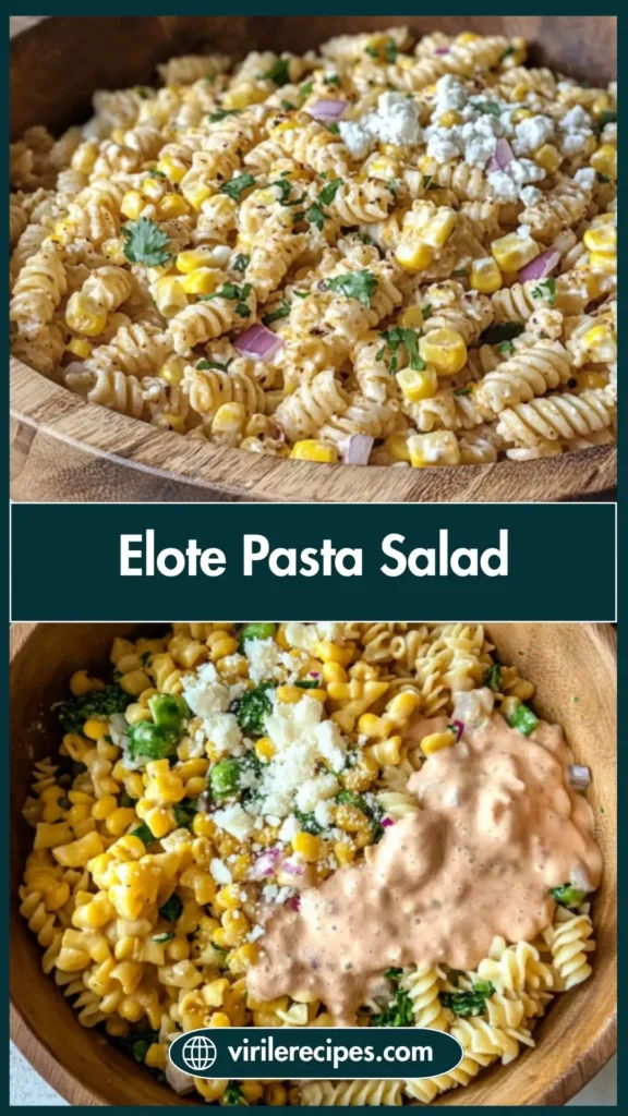 Pinterest pin showing close-up of creamy Elote Pasta Salad with text overlay.
