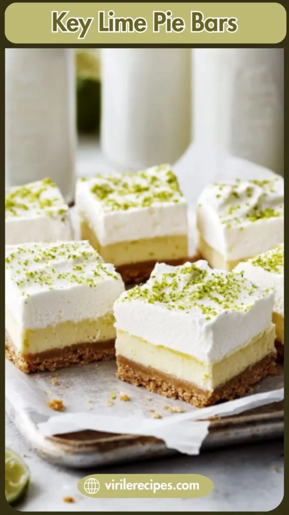 Collage showing key lime pie bars with whipped topping and lime zest, with recipe name and branding text overlay.