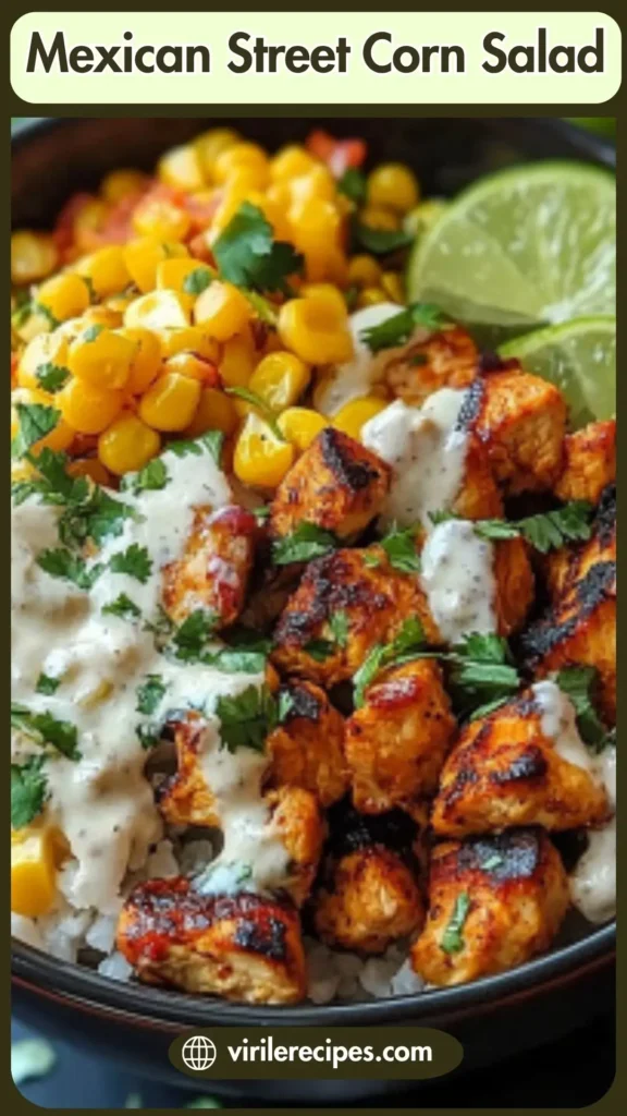 Healthy Mexican street corn and chicken bowl topped with fresh herbs and creamy sauce