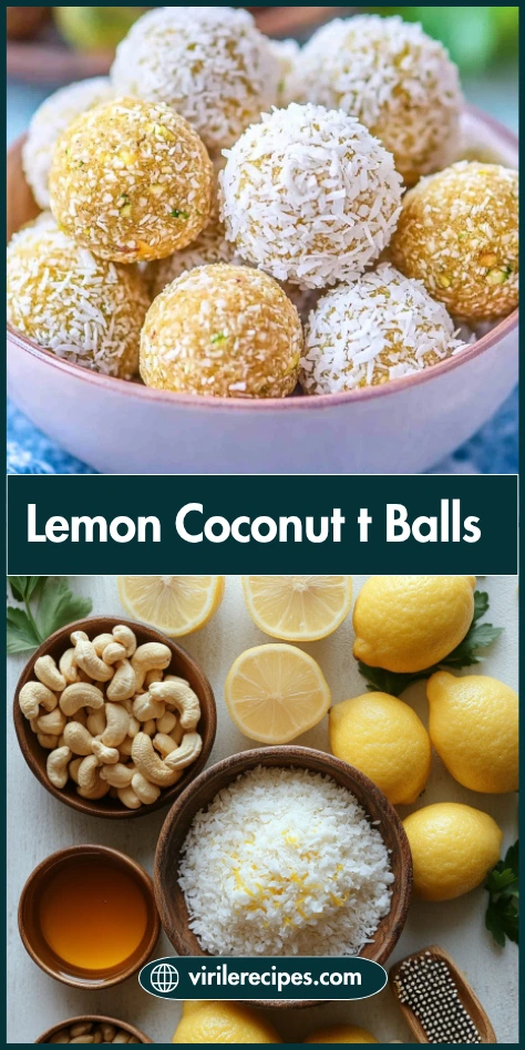 Top-down collage of lemon coconut energy balls in a bowl and flat lay of fresh ingredients like cashews, lemons, coconut, and maple syrup.