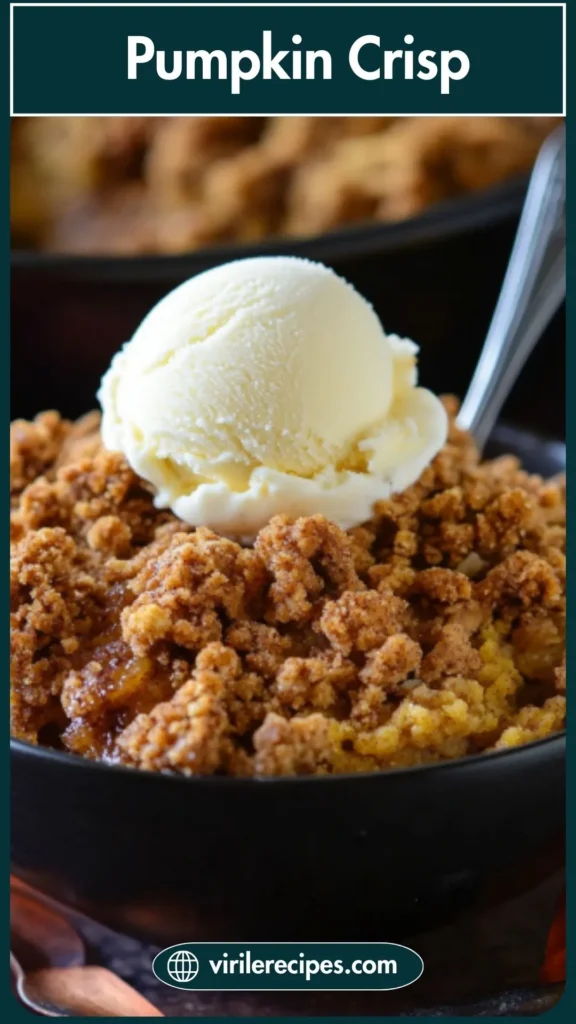 Close-up of creamy pumpkin crisp topped with a scoop of vanilla ice cream, rich cinnamon streusel on top.