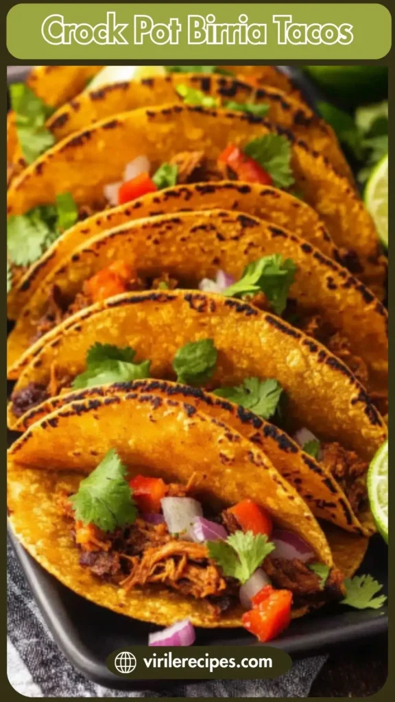 Pinterest pin showing close-up of crispy Crock Pot Birria Tacos with cilantro and onion.
