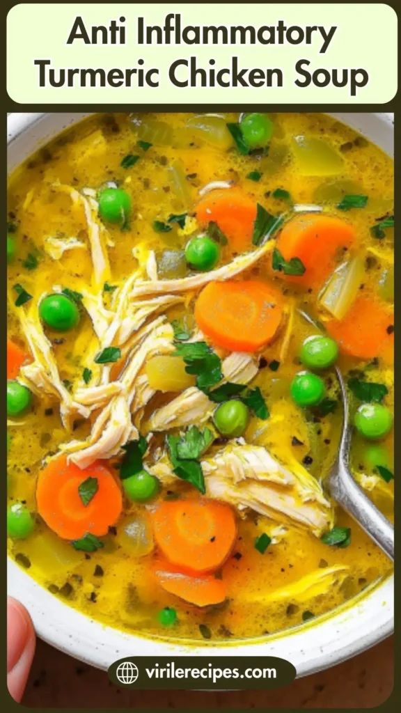 Overhead view of turmeric chicken soup with carrots, peas, and parsley in a white bowl — a comforting and healthy paleo chicken soup for inflammation.