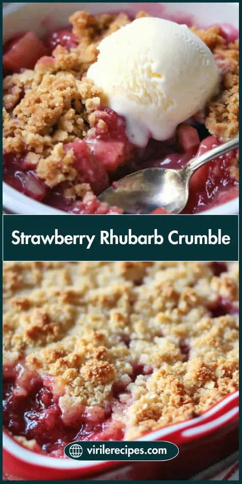 Homemade strawberry rhubarb crumble served warm with a scoop of vanilla ice cream in a white bowl