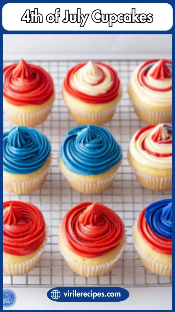 4th of July cupcakes decorated with red, white, and blue frosting and American flag toppers