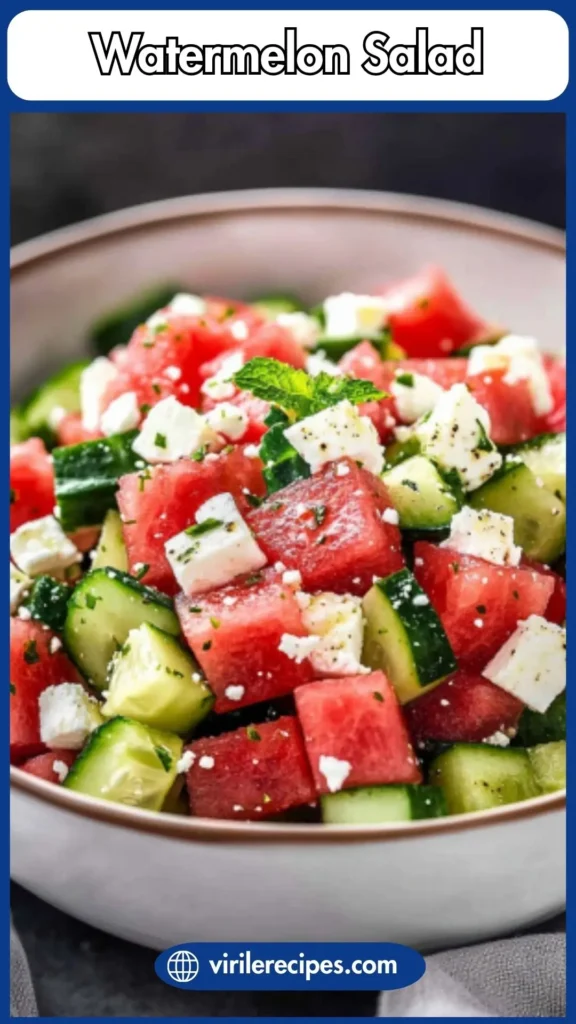 A close-up shot of Watermelon Salad With Cucumber And Feta, with watermelon, cucumber, and feta, garnished with mint leaves and ready to serve.