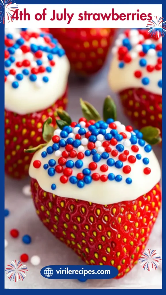 Close-up of freshly dipped 4th of July strawberries with red, white, and blue nonpareil sprinkles on a white paper.