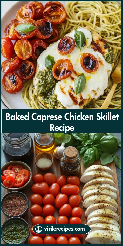 Caprese chicken skillet recipe with ingredients and final plated dish in a Pinterest-style layout.