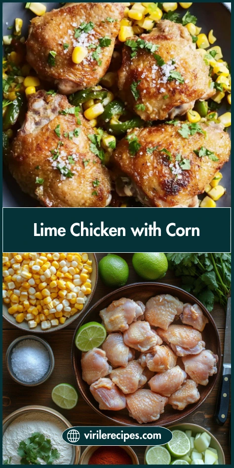 Lime chicken thighs and corn poblano salad with ingredients on a vertical recipe pin layout