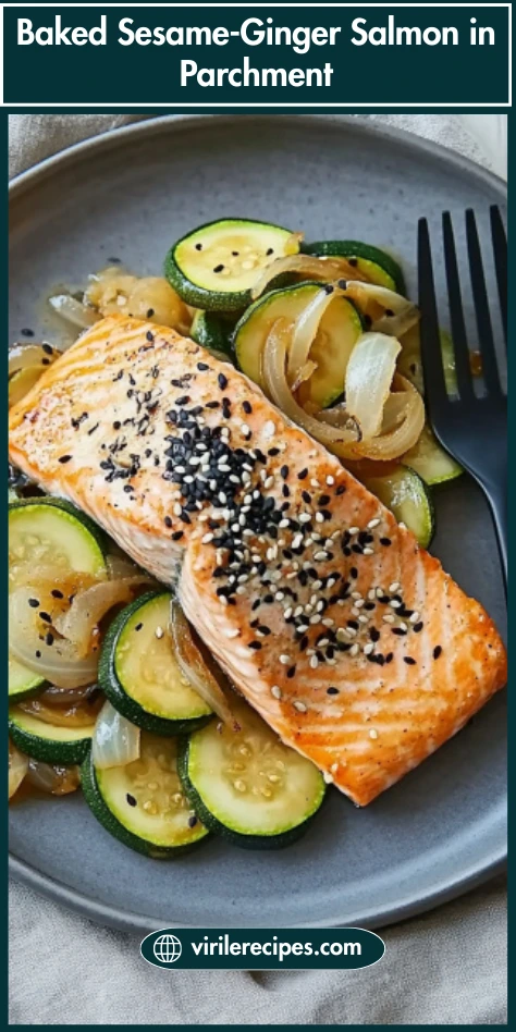 Baked sesame-ginger salmon fillet served with zucchini and onions on a gray plate, styled with black sesame seeds and text overlay “Baked Sesame-Ginger Salmon in Parchment”