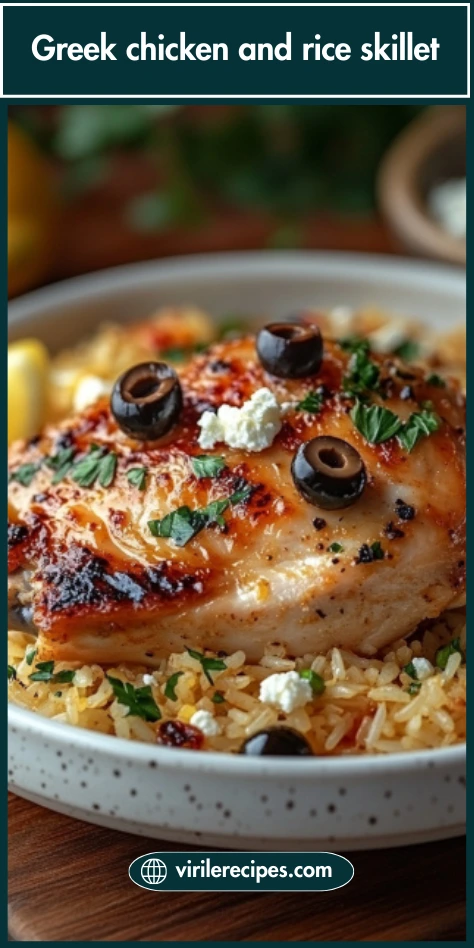 Close-up of Greek chicken and rice skillet served in a bowl with lemon rice, feta cheese, olives, and fresh herbs