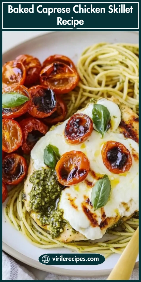 Plated baked Caprese chicken with pesto spaghetti and roasted tomatoes, Pinterest vertical image.