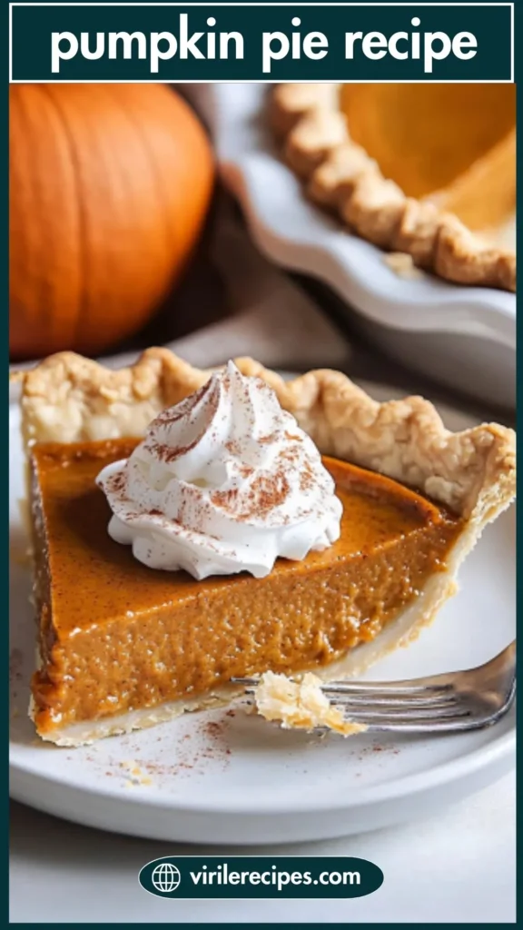 Styled Pinterest pin featuring a close-up of a pumpkin pie slice with whipped cream and site branding.