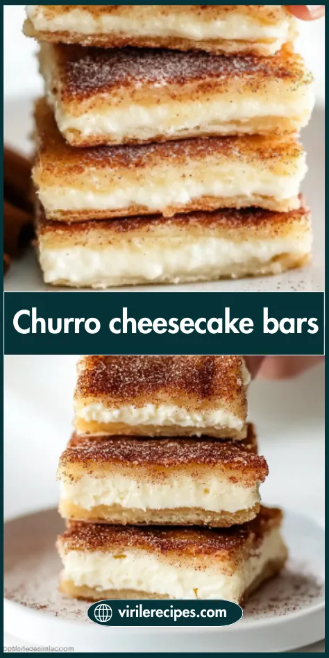 Side-by-side view of stacked Churro Cheesecake Bars with visible creamy layers and golden cinnamon tops.