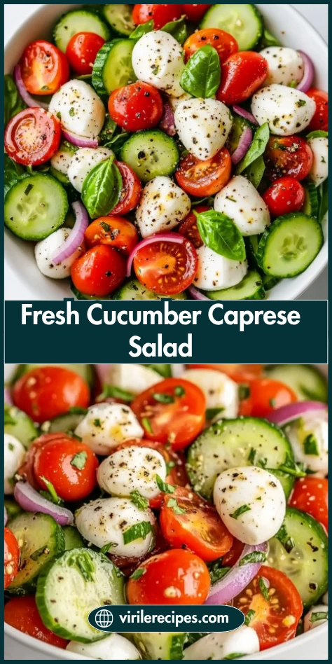 Two views of cucumber Caprese salad showcasing cherry tomatoes, cucumbers, mozzarella pearls, and basil in a white bowl.
