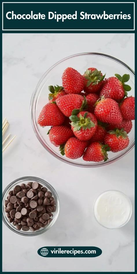 Bowl of strawberries, chocolate chips, and coconut oil laid out for chocolate dipped strawberries recipe