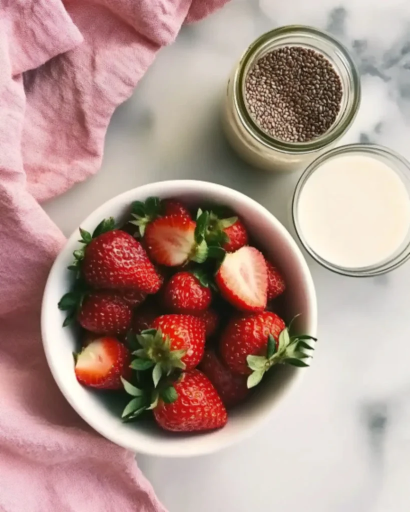 Fresh strawberries in a white bowl with chia seeds and almond milk on a marble countertop
