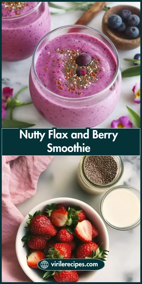Nutty flax and berry smoothie in a glass with chia topping, strawberries, almond milk, and seeds on marble background
