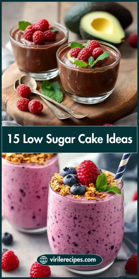 Low sugar dessert ideas featuring avocado chocolate mousse and berry smoothies topped with granola and fruit – healthy recipes for gestational diabetes
