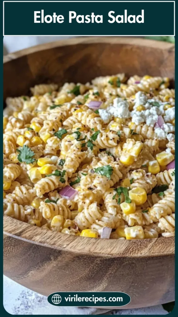 Pinterest pin showing the Elote Pasta Salad fully mixed and before dressing is stirred in.