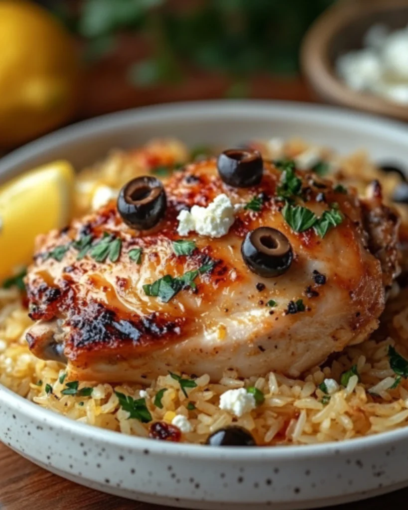 Greek chicken thigh served on lemon rice with black olives, feta cheese, and parsley in a white ceramic bowl