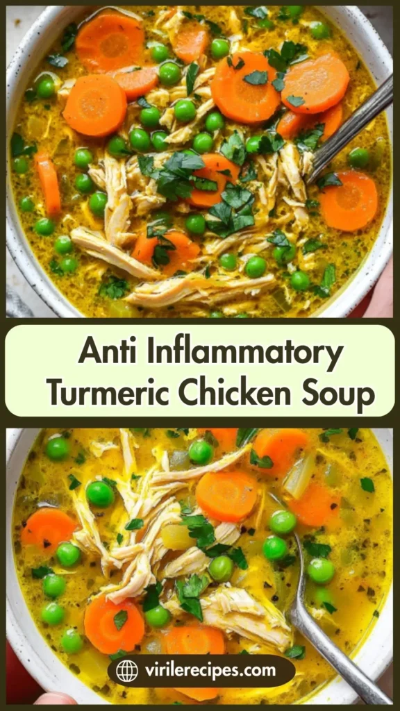 Close-up of turmeric chicken soup with peas, carrots, and shredded chicken — hearty and anti-inflammatory paleo chicken soup.