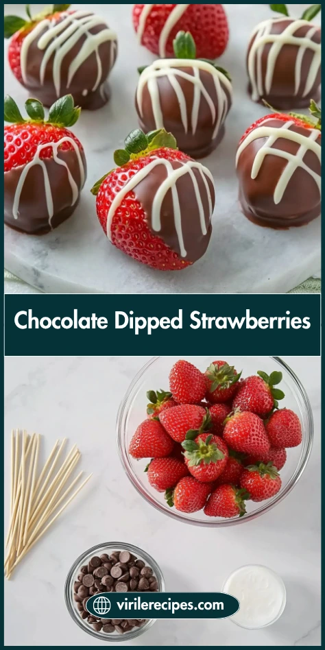 Chocolate covered strawberries with white drizzle paired with ingredients flat lay image