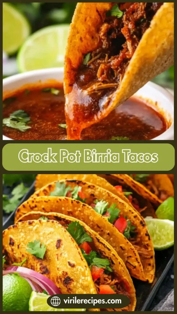 Pinterest pin showing birria taco dipped into consommé with limes and cilantro in background.