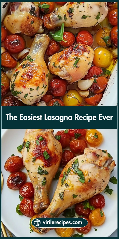 Oven-baked chicken drumsticks with roasted cherry tomatoes and fresh herbs in a white baking dish and served on a plate