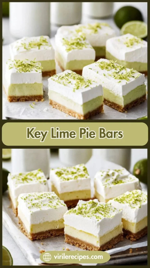 Close-up of key lime pie bars with pale green filling, thick whipped topping, and lime zest garnish on a parchment-lined tray.