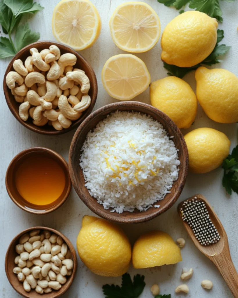 Flat lay of ingredients for lemon coconut energy balls including cashews, shredded coconut, fresh lemons, maple syrup, and lemon zest on a white background.