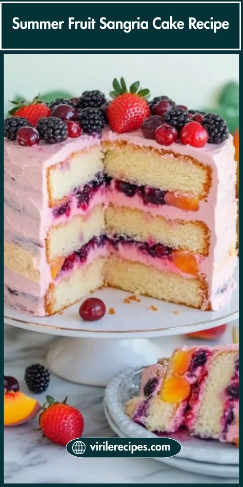 Sliced sangria cake with berries and pink frosting for summer dessert inspiration