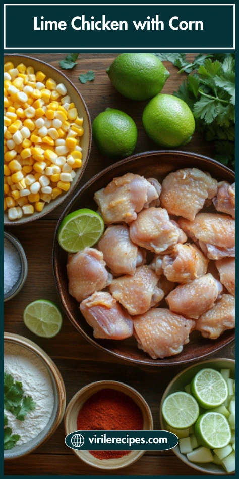 Pinterest vertical image of fresh lime chicken ingredients including corn, raw chicken thighs, limes, and herbs