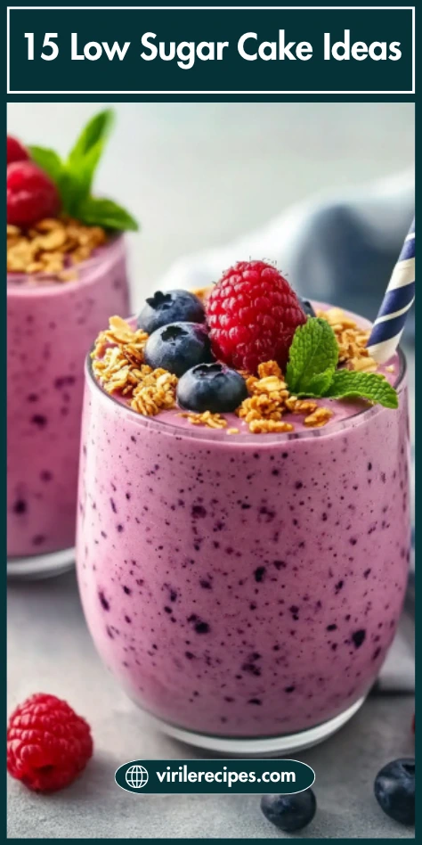 Berry smoothie in a glass topped with raspberries, blueberries, granola, and mint – a sugar-conscious dessert option for gestational diabetes