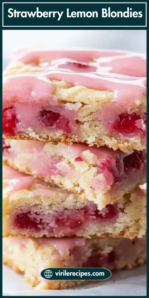 Vertical stack of glazed strawberry lemon blondies with visible strawberry chunks and branding