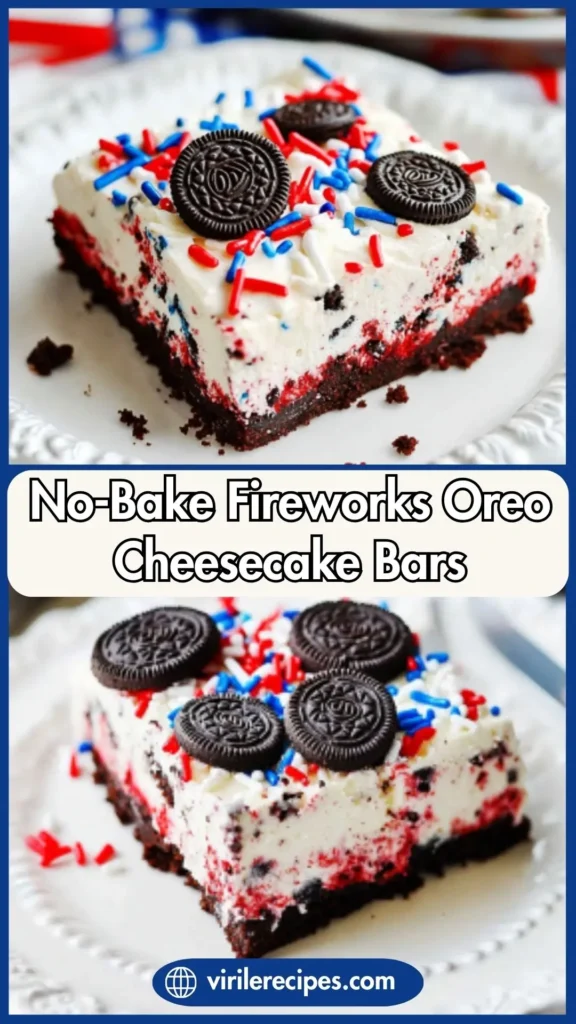 Close-up of no-bake Oreo cheesecake bars on a plate, layered with red velvet crust and topped with sprinkles and Oreos.