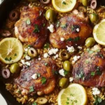 Greek Chicken and Rice Skillet with Lemon, Olives, and Feta – One-Pan Dinner