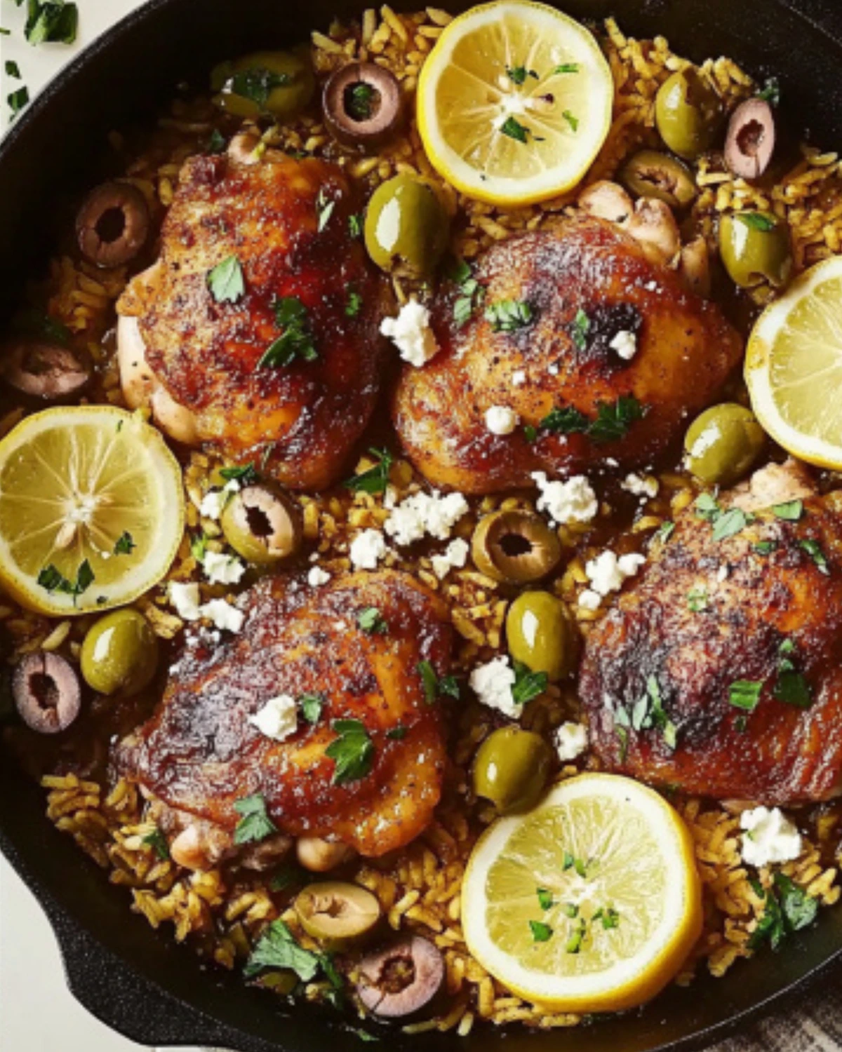 Greek Chicken and Rice Skillet with Lemon, Olives, and Feta – One-Pan Dinner