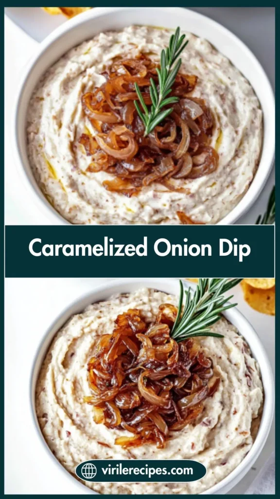 Close-up of creamy Caramelized Onion Dip topped with caramelized onions and rosemary, perfect for game day or appetizer spreads.
