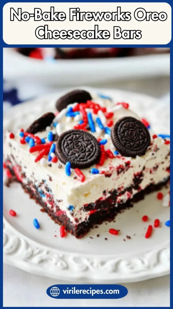 No-bake fireworks Oreo cheesecake bar on a white decorative plate, topped with mini Oreos and patriotic sprinkles.