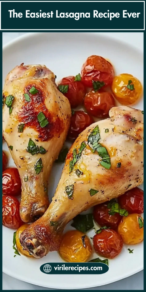 Golden baked chicken drumsticks served with roasted red and yellow cherry tomatoes on a white plate garnished with chopped herbs