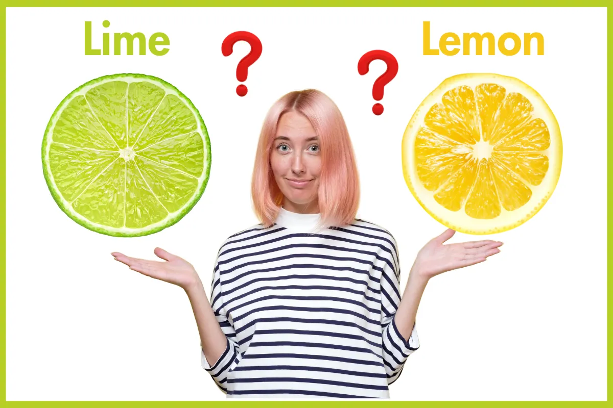 Woman comparing lime and lemon for pink salt drink with questioning expression