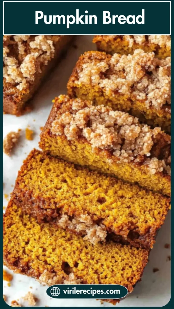 Top view of Pumpkin Bread With Streusel Topping, sliced into thick, golden pieces, surrounded by scattered crumb topping.