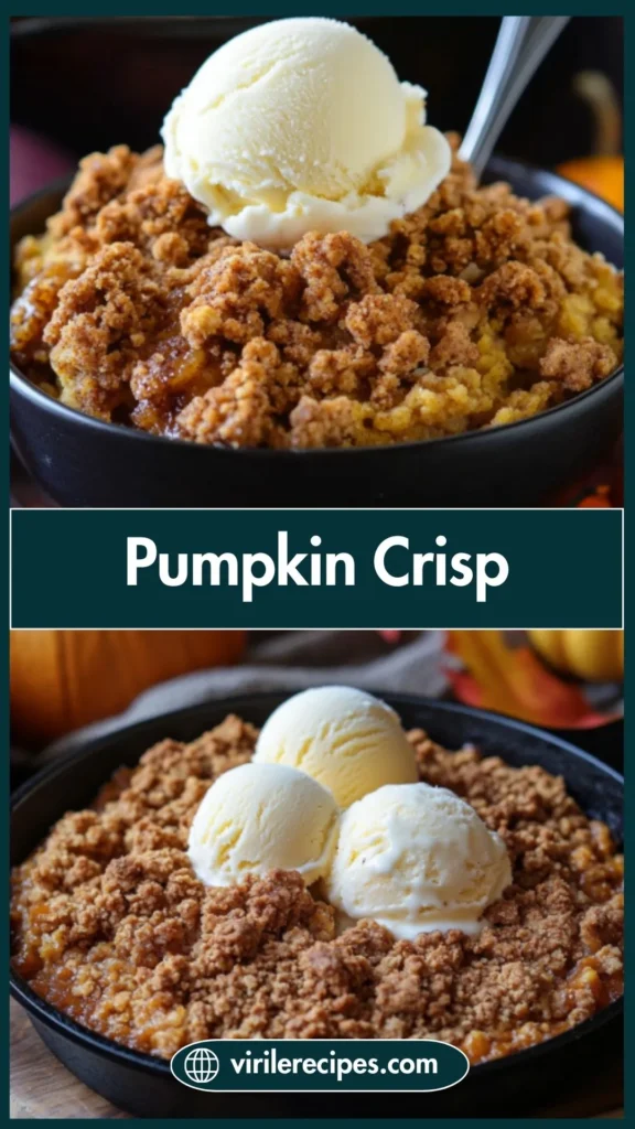 Single serving of pumpkin crisp in a black bowl with melting vanilla ice cream on top and a spoon ready to dive in.