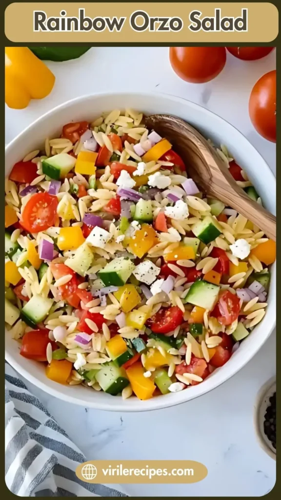 Bowl of Cold Pasta Salad with orzo, cucumbers, tomatoes, feta, and peppers, perfect for summer potlucks or weeknight sides.