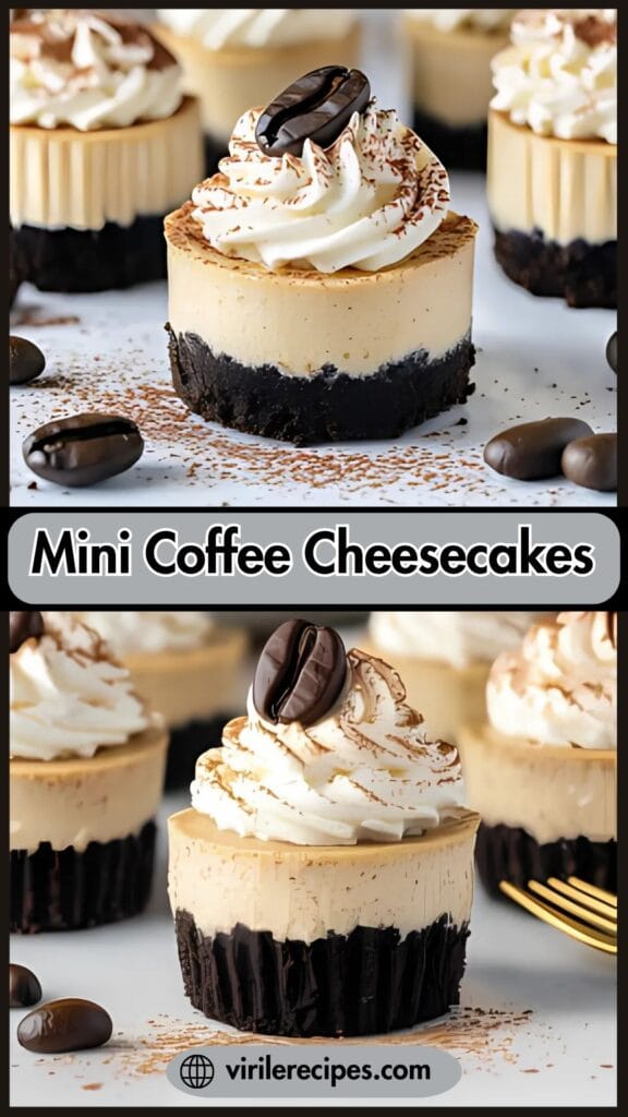 Mini coffee cheesecakes on white background with Oreo crust, creamy espresso filling, whipped cream, cocoa dusting, chocolate espresso bean, text overlay