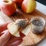 Sliced red apples on a white plate with a jar of nut butter and whole apples on a wooden cutting board