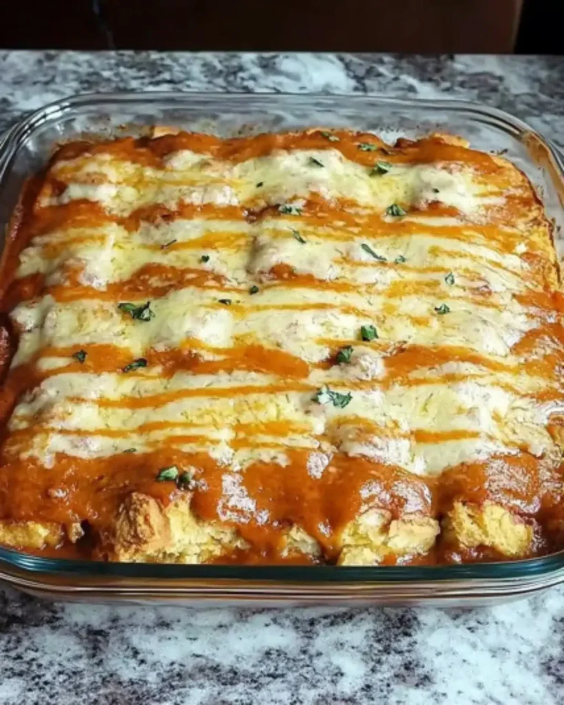 Golden vegetarian Mexican cornbread casserole topped with melted cheese and enchilada sauce in a glass baking dish on a granite countertop.