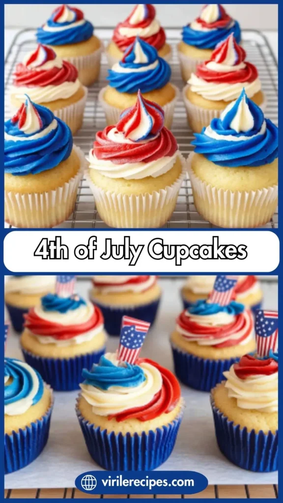 Red, white, and blue 4th of July cupcakes on cooling rack with text overlay “4th of July Cupcakes"